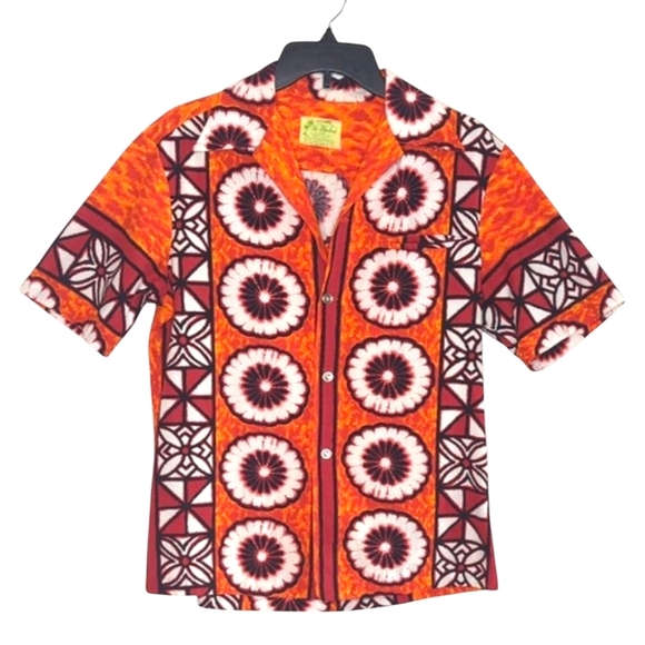 Vintage 60s Ui-Maikai Hawaiian Shirt Hibiscus Vibrant Orange Red Men's M - Picture 11 of 11